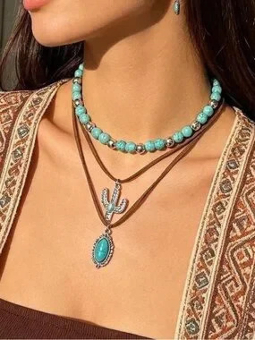 Anthropologie Turquoise Bead Layered Necklace with Cactus & Oval Pendant